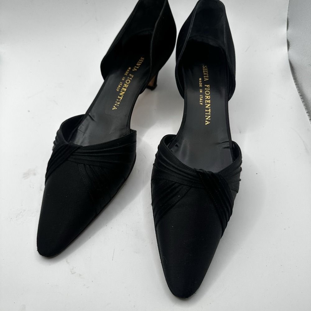 Silvia Fiorentina D' Orsay Black Satin Kitten Heel Pumps Capsule Elegant Women 8